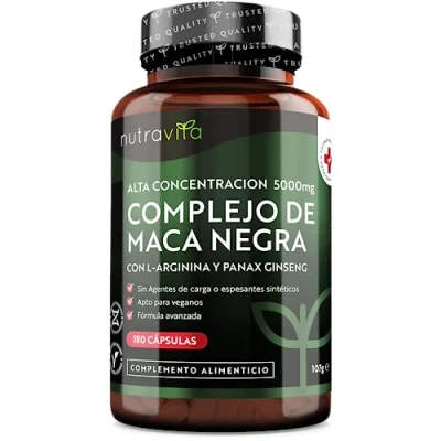 Imagen de Maca Negra Andina de Alta Resistencia 5000mg 180 Cápsulas Veganas con L arginina y Ginseng, Antioxidante para mejorar Espermatozoide, Memoria Fatiga Suministro 6 Meses Nutravita