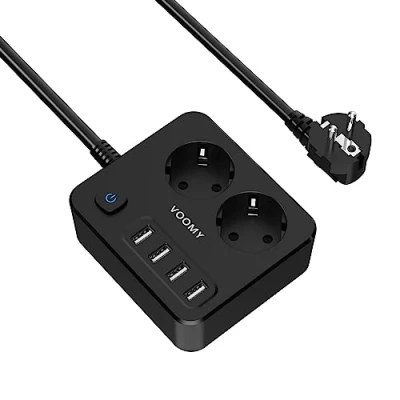 Imagen de VOOMY Regleta Enchufes USB con 2 Tomas y 4 Puertos USB, Proteccion Sobretension Interruptor (4000W), Alargador Ladron Enchufe Multiple Cable 2M, Negro