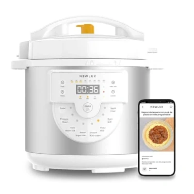 Imagen de Newcook Olla Programable Delicious Blanca, a Presión Multifunción Eléctrica con Voz, 15 Funciones, 1000W,6 l, 4 Niv. Presión,Cubeta recubrimiento cerámico. Accesorio para Freír