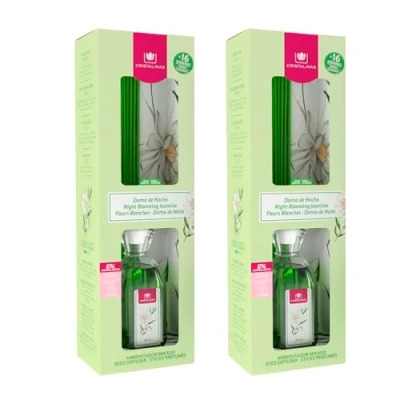 Imagen de CRISTALINAS Ambientador Mikado Clásico. Difusor con Varillas de ratán. Formula sin Alcohol. Máxima duración, más 16 semanas. 180ml Capacidad. Aroma Dama Noche. (2x180ml)