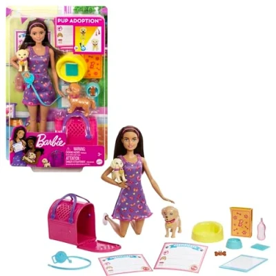 Imagen de Barbie Adopta Perritos Muñeca con Vestido Morado, Mascota y Accesorios para cuidarles, Juguete +3 años (Mattel HKD86)