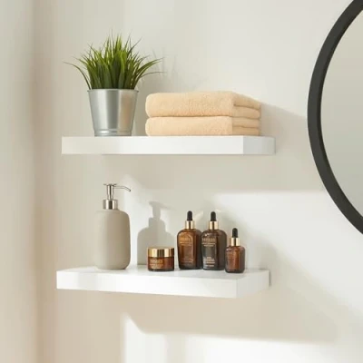 Imagen de [en.casa] Estantería Pared Stranda de 2 Estantes Juego Baldas Flotantes para Sala Baño Cocina Dormitorio Despacho MDF Metal 40x17x3,5cm Blanco