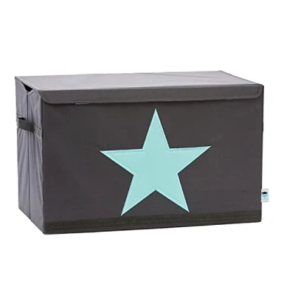 Imagen de LOVE IT STORE Caja de almacenamiento con tapa grande juguetes tela reforzada madera lavable gris estrella verde 62 x 38 39 cm
