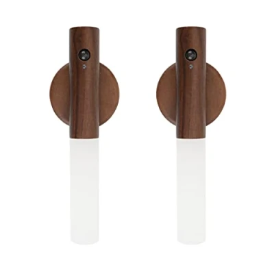 Imagen de 2 Piezas luz de pared Madera, Nocturna Interior con Sensor Movimiento, luces Magnéticas Recargables Interruptor para Dormitorio, Pasillo, Escalera (Nogal)