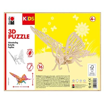 Imagen de Marabu 0317000000020 Puzzle de Madera (16 Piezas), diseño Mariposas 26 x 19 cm, Color marrón
