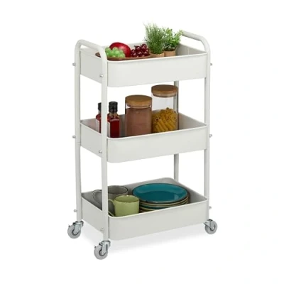 Imagen de Relaxdays Carrito Auxiliar Ruedas, Carro Cocina 3 Niveles, Camarera, Verdulero, Baño, 71,5x43,5x29,5 cm, Blanco, Fieltro
