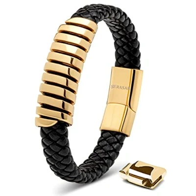 Imagen de SERASAR Pulsera Cuero Hombre Oro Dorado 23cm Chico Pulseras Hombres Brazalete Brazaletes Pulso Muñequera Muñequeras Bisuteria Bisutería Joyeria Nudos Cuerda Cuerdas Bracelet Men Jewellery Unisex