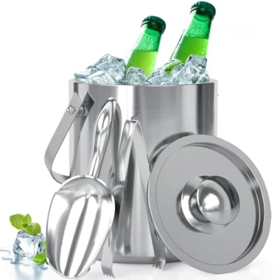 Imagen de WENEGG 2L Cubo de Hielo Aislante con Cuchara, Pinzas y asa, Tapa, Doble Pared Acero Inoxidable, Sellos, refrigerador champán para Botella Bar, cumpleaños, Fiestas picnics
