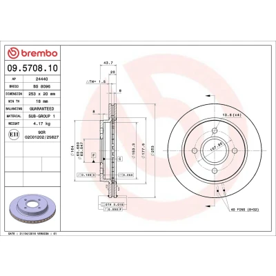 Imagen de BREMBO 09.5708.10 Disco de freno 253 20 4 ventilación interna FORD: MONDEO 1, 2, Cougar Coupé