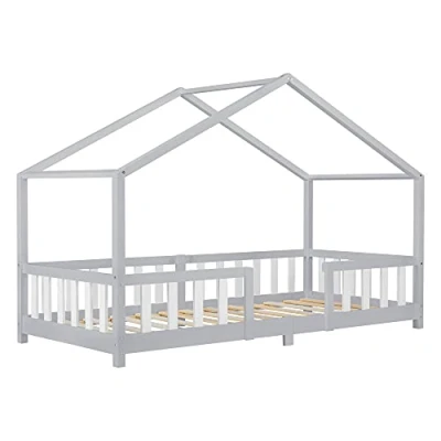 Imagen de Cama para Niños de Madera Pino 207 x 97 138 cm Infantil con Reja Protectora Casita Forma casa Gris Claro Blanco Mate Lacado