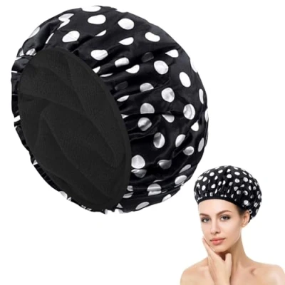 Imagen de Gorro Ducha Mujer,Gorros de Satén Triple Capa,Gorro Impermeable con Forro Microfibra,Shower Cap Reutilizable,Gorro para Todas las Longitudes Cabello (Lunares Negros)