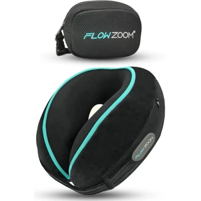 Imagen de FLOWZOOM Dream Almohada de Viaje Cojín Cuello Ajustable y Lavabile 360 Grados Supporte Que Alivia Tensión Cervical Viscoelástica Avión, Coche Tren Negro