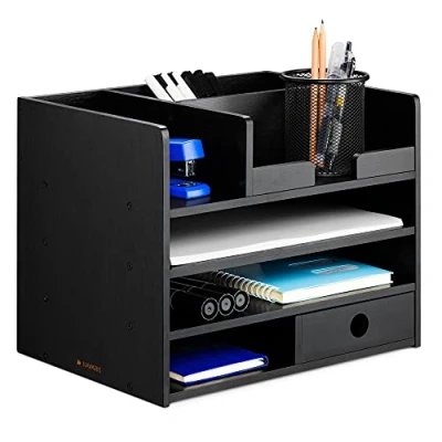 Imagen de Navaris Organizador de escritorio bambú Accesorio sobremesa con compartimentos Caja para almacenaje material oficina 33 x 24 26 CM