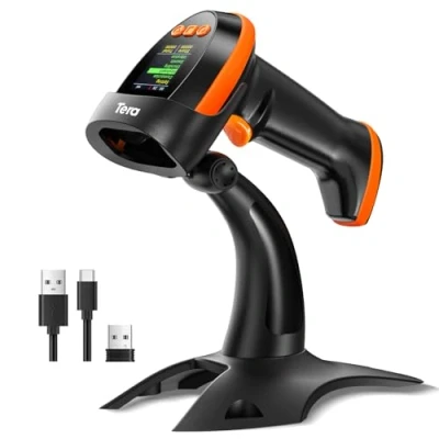 Imagen de Tera Escáner de códigos Barras inalámbrico 2D con Soporte: versión Pro Pantalla configuración Digital y Teclado Funciona Bluetooth 2,4 G Wireless Cable USB Mano Extra rápido HW0009 Z