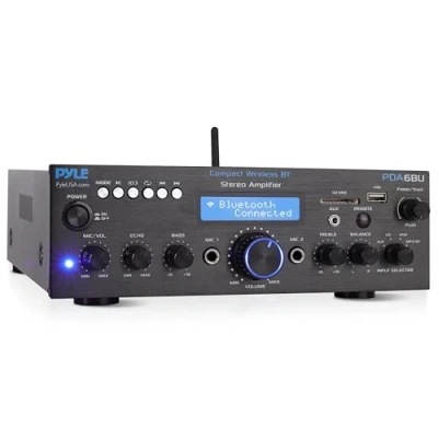 Imagen de Pyle Sistema Amplificador de Potencia Audio, Inalambrico, Estereo, Maxima 200V, USB, SD, AUX, Entrada microfono para Karaoke, Radio, Pantalla LCD, RCA