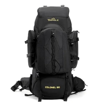 Imagen de Tripole Mochila Colonel de 80Litros con Desmontable Senderismo, Trekking, Viajes, Camping, Resistente al Agua, Espalda Transpirable, Negro