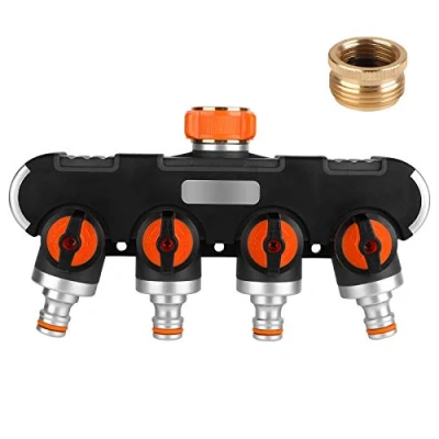 Imagen de distribuidor de 4 vías: agua 3/4&quot; y 1/2&quot; con grifo agua, para conexión simultánea cuatro dispositivos, salidas regulables, adaptador riego jardín