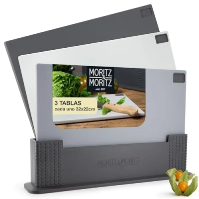 Imagen de Moritz &amp; Juego de 3 Tablas para corte plástico 32 x 22 cm En un práctico soporte Gris y Negro Tabla cotar cocina grande Higiénica apta el lavavajillas cortar