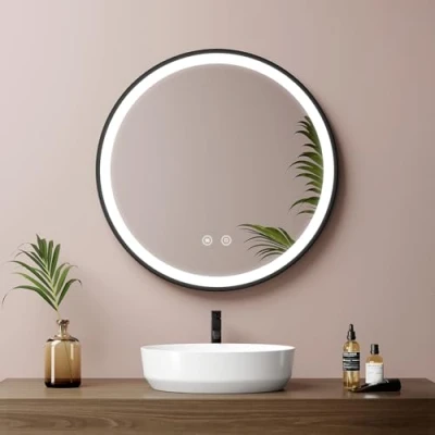 Imagen de EMKE Espejo de baño Redondo 50 cm, Pared con luz, Interruptor táctil y función antivaho, Luz Blanca fría 6500K, Marco Negro Correa Ajustable