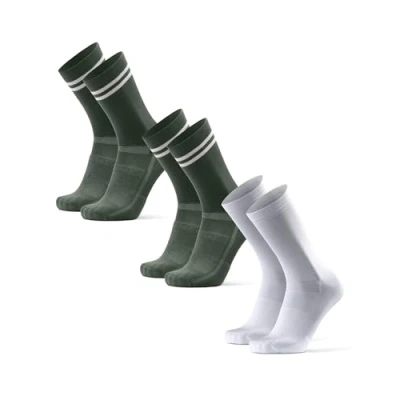 Imagen de DANISH ENDURANCE Calcetines de Ciclismo Altos, Acolchados, Transpirables, MTB y Spinning, Hombres Mujeres, 3 Pack Multicolor (2xVerde Oliva/Rayas, 1xBlanco/Negro) 39 42