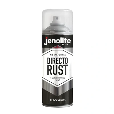 Imagen de JENOLITE Directorust Pintura en aerosol brillante NEGRO 400ml de óxido directo para metal Múltiples superficies: madera, metal, plástico RAL9005