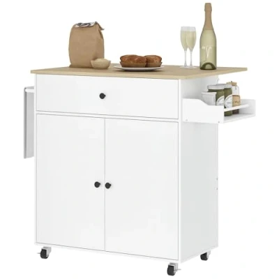 Imagen de HOMCOM Isla de Cocina con ala Abatible Carrito Mueble Auxiliar Ruedas 2 Puertas Cajón Especiero Toallero y Estante Ajustable 106x42x87 cm Blanco Roble