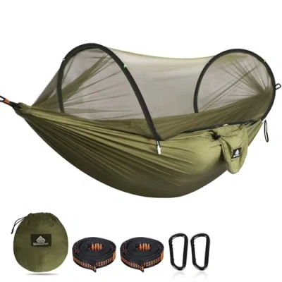 Imagen de NATUREFUN Hamaca de Viaje Ultra Ligera para mosquiteros Capacidad Carga 300 kg, Nylon paracaídas Transpirable 2 x mosquetones Primera Calidad, eslingas Incluidas