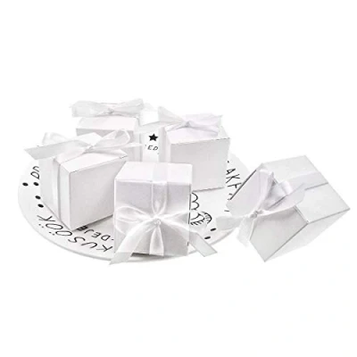 Imagen de JZK 50 Blanco Cajas de Favor Boda con Cintas Caja Dulces Papel para cumpleaños Navidad graduación Bautizo Baby Shower Fiesta comunión