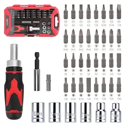 Imagen de Amazon Basics Juego de destornillador carraca magnético, 41 Unidad, Negro/Rojo