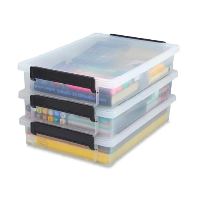 Imagen de Iris Ohyama 3 Cajas plástica de almacenamiento A4, 4L, transparente, clips con asas, organizador papel y documentos, apilable, para oficina, manualidades, juguetes, escuela, storage box LLB A4