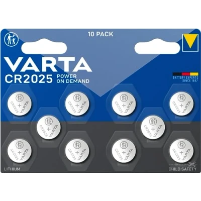 Imagen de VARTA Pilas de Botón CR2025, paquete 10, Power on Demand, Lithium, 3V, embalaje seguro para niños, dispositivos Smart Home, llaves coche