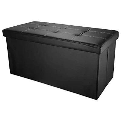 Imagen de INTIRILIFE Puff Baúl Plegable 78x38x38 cm in Negro Lava Taburete Almacenaje Tapizado de Cuero Artificial per Almacenamiento y Reposapiés