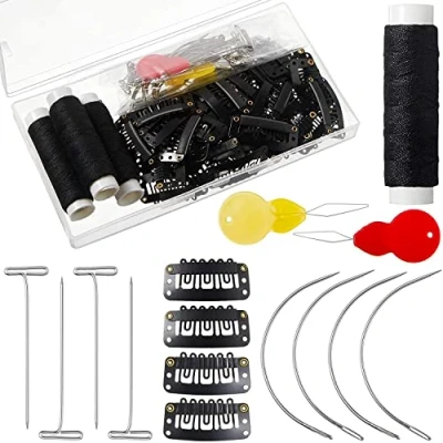 Imagen de Juego de 85 piezas para hacer extensiones cabello con 50 clips en forma U, 10 agujas curvas, 20 pines T, 2 enhebradores aguja, 3 rollos hilo negro pelucas,