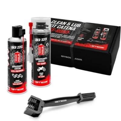 Imagen de ERRECOM 1000 Miglia Clean&amp;Lube Kit Cadena Moto Off Road; Incluye Desengrasante Bote Alta Presión 500mL+Lubricante Todoterreno 500mL+ Huggie System y Extensión 90+Cepillo+ Guantes