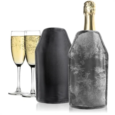 Imagen de COM FOUR® 2x Enfriador de Botellas para Llevar Funda enfriadora champán con Banda elástica refrigerante champán, Vino, Cerveza y Refrescos (02 piezas negro)