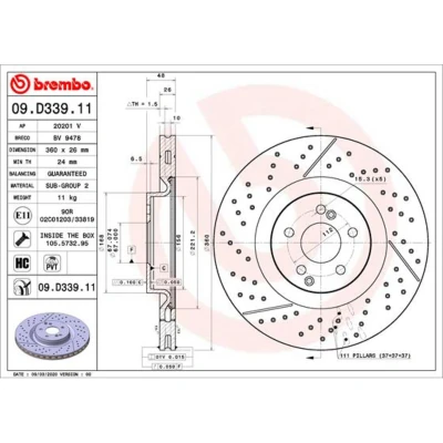 Imagen de BREMBO 09.D339.11 Disco de freno 360 26 5 ranurado/perforado, ventilación interna revestido altamente carbonizado con tornillos MERCEDES BENZ: GLC SUV