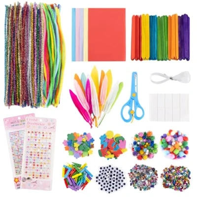 Imagen de Carehabi Maletín de manualidades para niños, 1800 unidades, kit accesorios manualidades, scrapbooking, limpiapipas, pompones, plumas, perlas, ojos tambaleantes