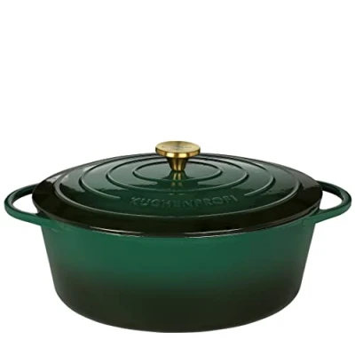 Imagen de Küchenprofi 0402001133 Fuente de hierro fundido con tapa, interior verde/negro, 33 cm, cacerola, horno holandés, molde para hornear pan, esmaltado, guisar, hornear, asar