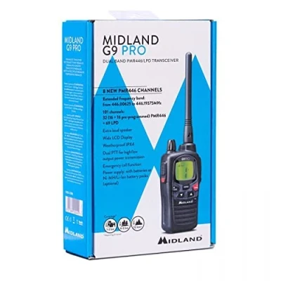 Imagen de Midland G9 Pro Walkie Talkie Transceptor De Radio Doble Banda 40 Canales PMR446 y 69 LPD, Incluye 4 Baterías Recargables AA 1.2V/1800 mAh Ni MH, Cargador, Clip Para Cinturón Auricular