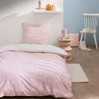 Imagen de MATT &amp; ROSE Juego de cama infantil 140 x 200 cm, estampado reversible, 100% algodón, Oeko Tex funda nórdica para niña cm + 1 almohada 63 color rosa