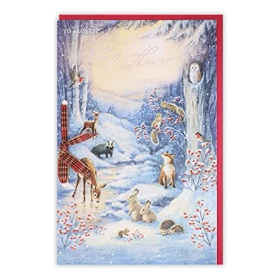 Imagen de Clintons: Tarjeta de Navidad con diseño animales en la escena nevada hermana y el hermano ley