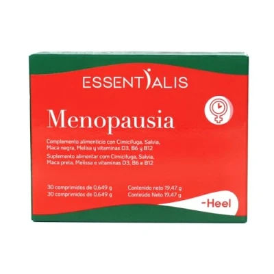 Imagen de Essentialis Menopausia con Cimicífuga, Salvia, Melisa, Maca Negra y Vitaminas D, B6 B12 Uso prolongado 1 mes Sin soja ni conservantes