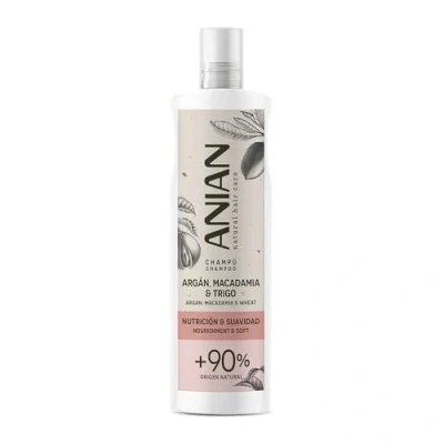 Imagen de ANIAN Champú Argán, Macadamia y Trigo, 400 ml, para Pelo Seco Dañado, Nutrición Suavidad, Limpia en Profundidad Repara el Cabello, Nutre Sella las Puntas, Recupera la Suavidad Natural