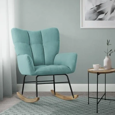Imagen de ML Design Mecedora con Funda de Rizo Salvia Tumbona Guías Madera Sillón Ergonómico Reclinable Reposabrazos Diseño Elegante Mueble Tapizado para Relax Salón Dormitorio Balcón