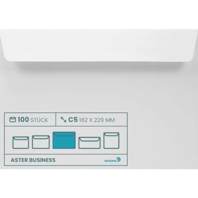 Imagen de Netuno Aster Business 100 sobres blancos DIN C5, 162 x 229 mm, 120 g, formato A5, sin ventana, autoadhesivos, para negocios, color blanco
