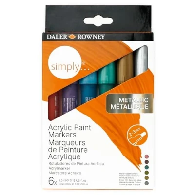 Imagen de Daler Rowney Simply, Rotuladores de Pintura Acrílica, Estuche cartón, Set 6 colores metalizados surtidos