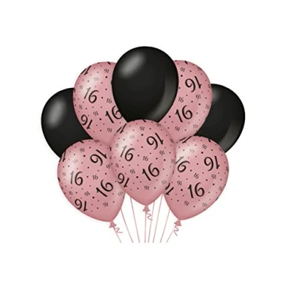 Imagen de PD Party Globos Feliz Cumpleaños para Decoración Fiesta Rosa Negro 16 Niño &amp; Niña 30x30 cm 8 piezas