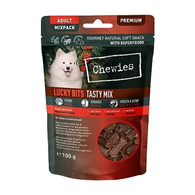 Imagen de Chewies Lucky bits Tasty Hundeleckerli Mix Adult Golosinas para Perros sin Cereales y Suaves con Muchas proteínas superalimentos como levadura de Cerveza o Ginkgo, azúcar (100 g)