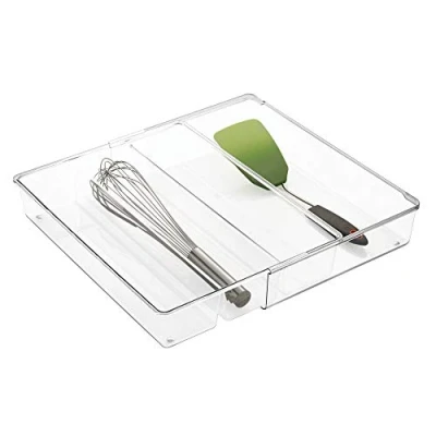 Imagen de iDesign Linus Organizador de cajones, separador cubiertos plástico y con 4 divisiones, cubertero extensible, transparente