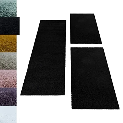 Imagen de Carpettex Teppich Juego de alfombras Corredores Alfombra Cuarto 3 Partes Monocromo, Color:Negro, Cama:2 Piezas 80x150 + 1 Pieza 80x250